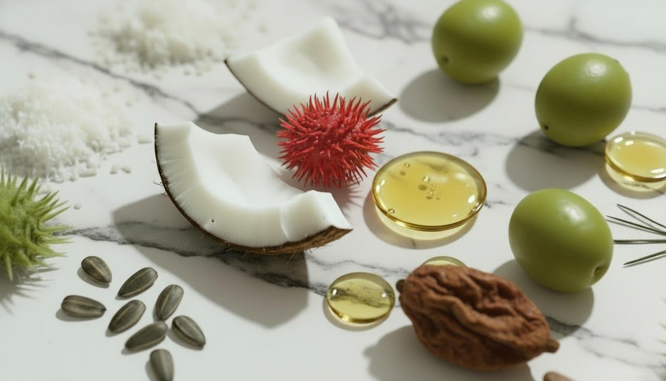 Foto van alle ingredienten op een marmeren blad - Alune cosmetics