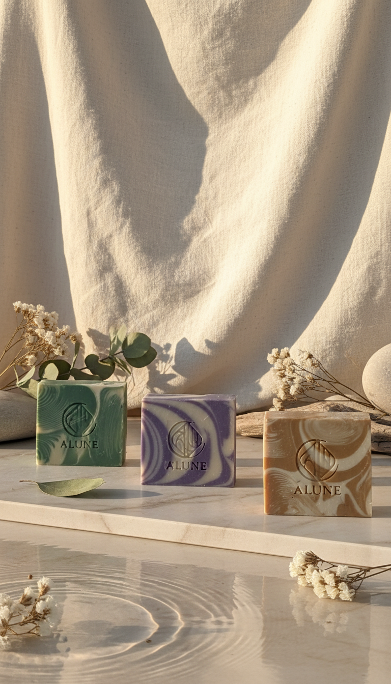 Foto van natuurlijke handgemaakte zeepblokken in drie verschillende kleuren met gordijn en bloemen als decoratie - Alune cosmetics