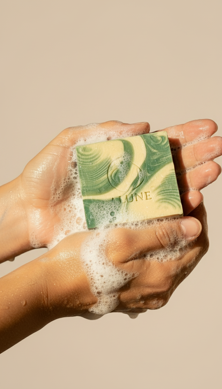 Natuurlijk handgemaakt biologisch zeepblok in handen met schuim - Alune Cosmetics