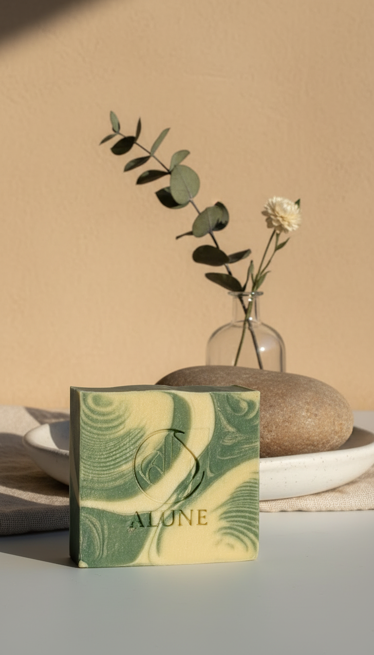 Natuurlijk handgemaakt biologisch zeepblok met bruine achtergrond en decoratie   - Alune Cosmetics