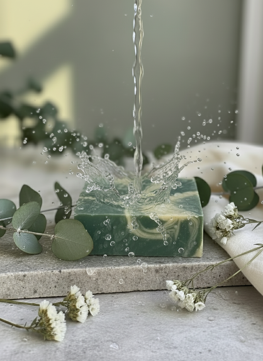 Natuurlijk handgemaakt biologisch zeepblok waar water op valt   - Alune Cosmetics