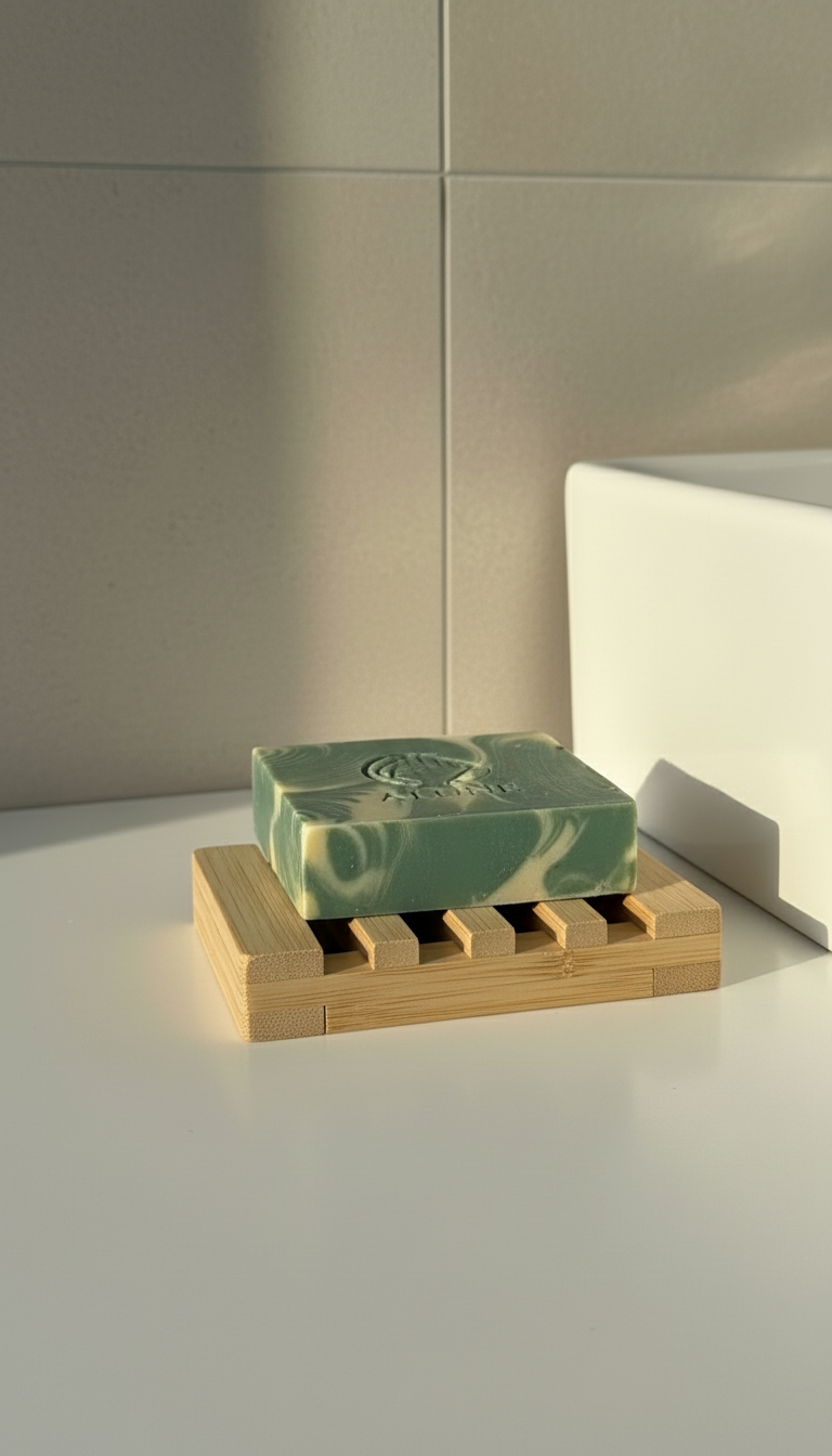 Natuurlijk handgemaakt biologisch zeepblok op houten plateau   - Alune Cosmetics