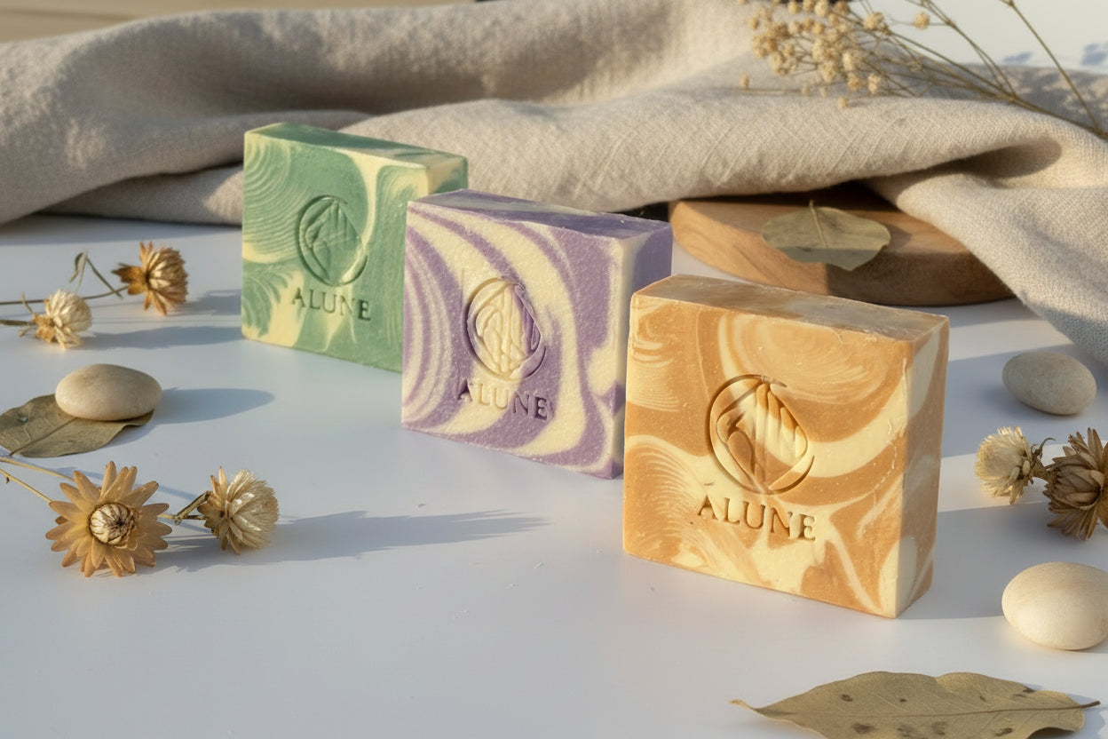 drie natuurlijke handgemaakte zeepblokken