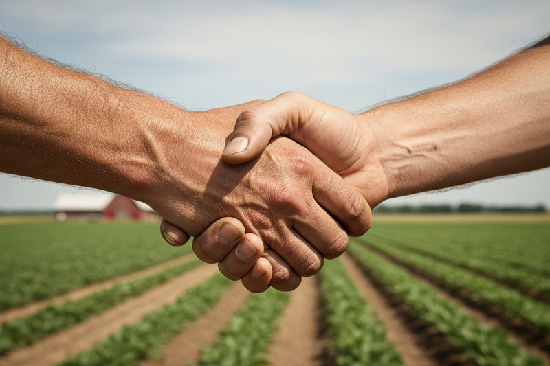 een handdruk met landbouw achtergrond - alune cosmetics